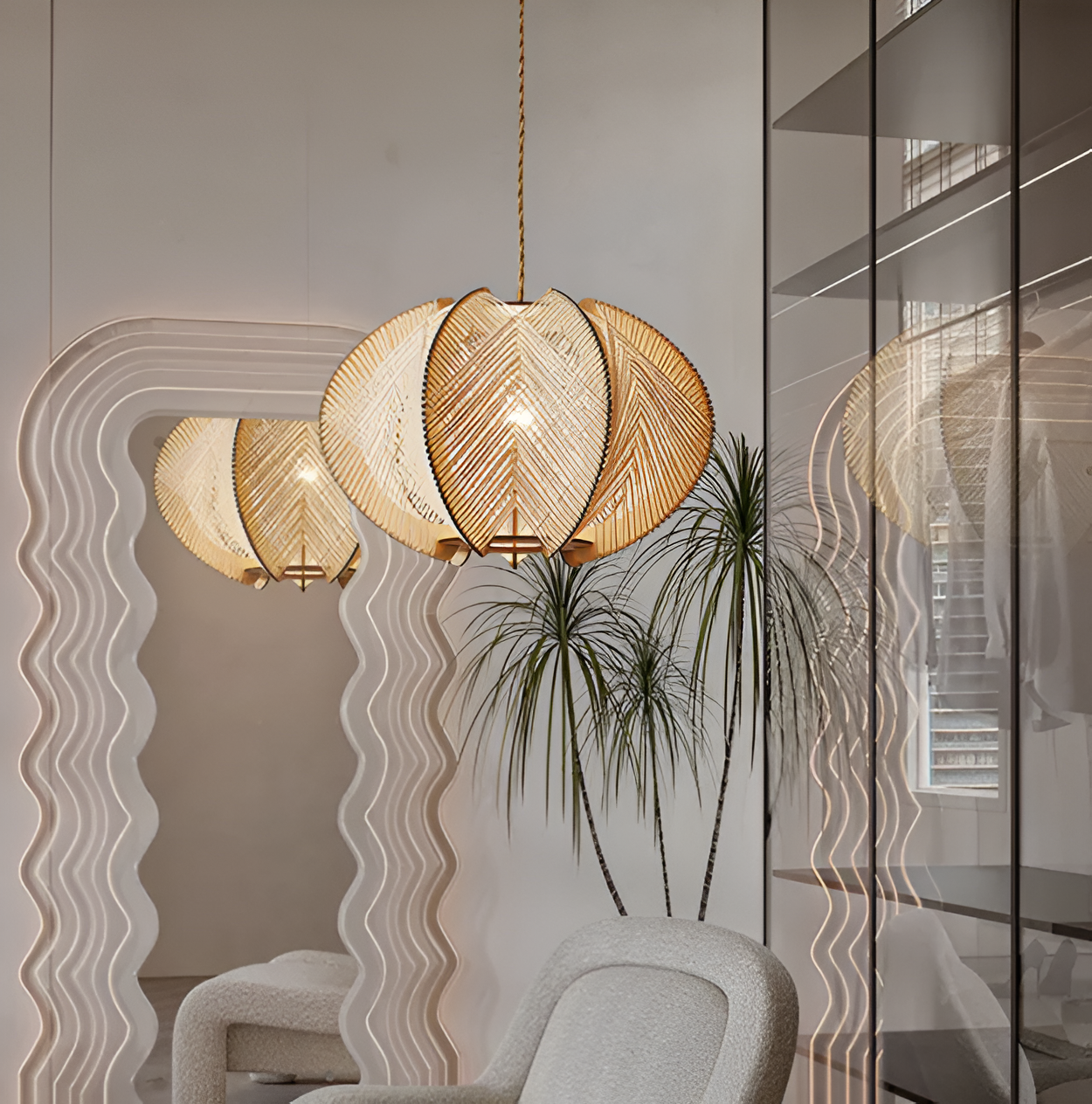 Kirei pendellampe - geometrisk hængelampe lavet af hampereb og træ - wabi sabi lighting