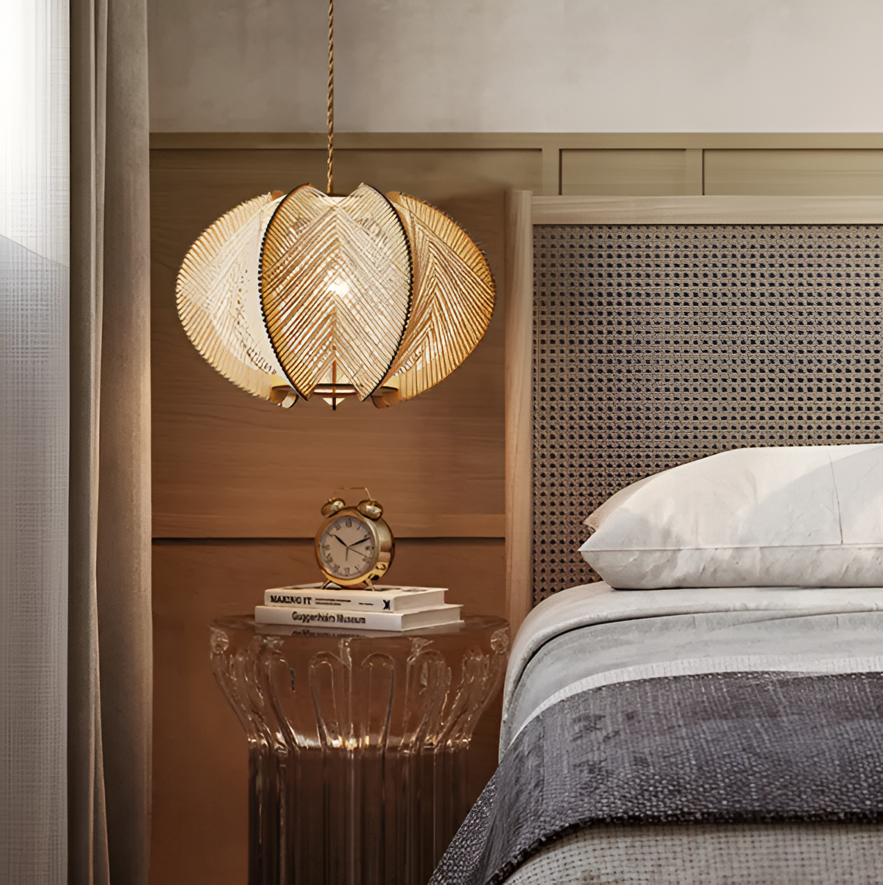 Kirei pendellampe - geometrisk hængelampe lavet af hampereb og træ - wabi sabi lighting