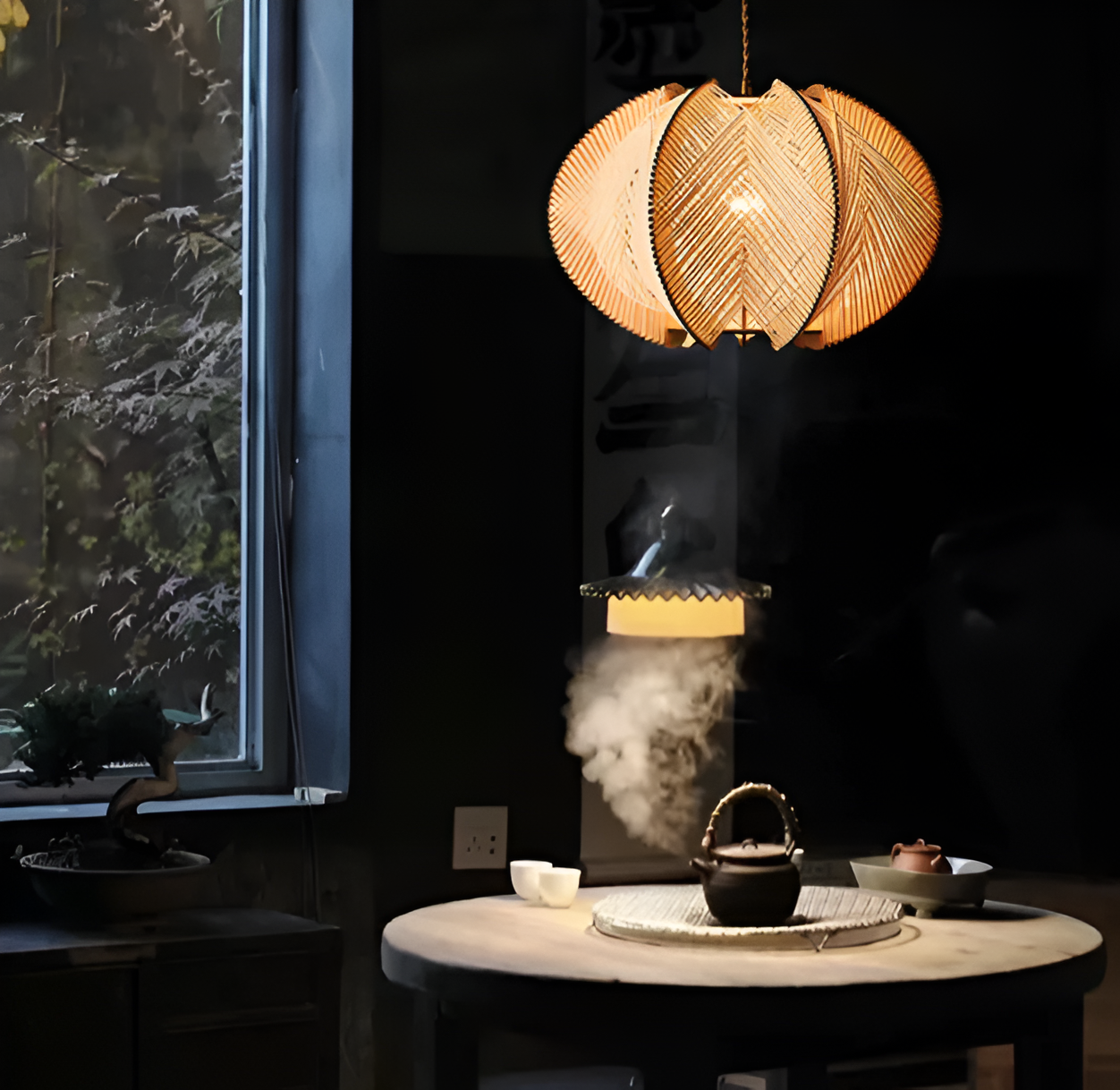 Kirei pendellampe - geometrisk hængelampe lavet af hampereb og træ - wabi sabi lighting