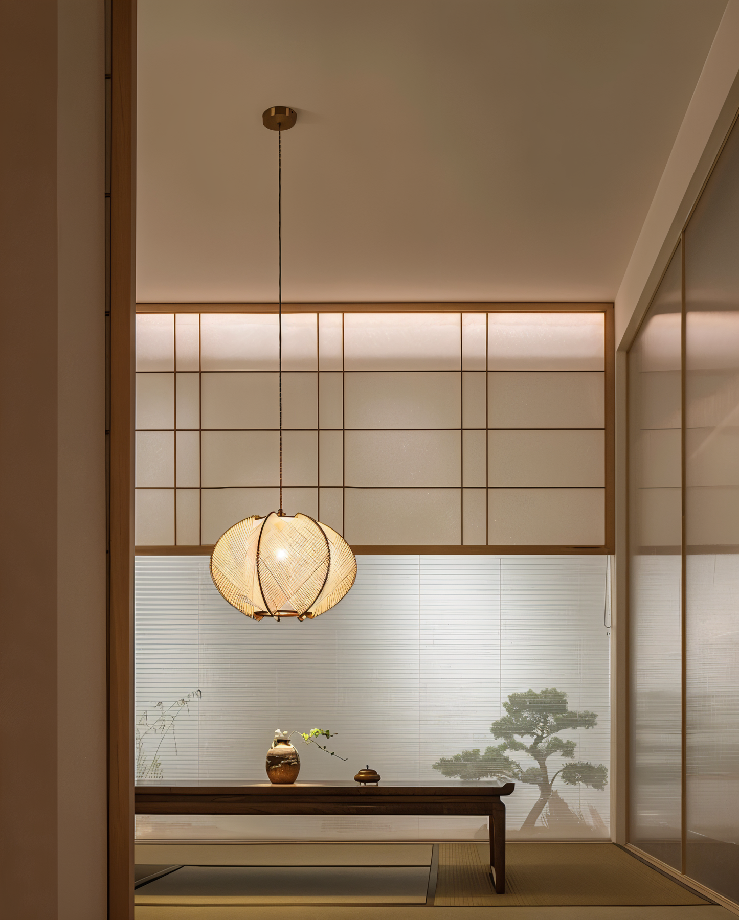 Kirei pendellampe - geometrisk hængelampe lavet af hampereb og træ - wabi sabi lighting