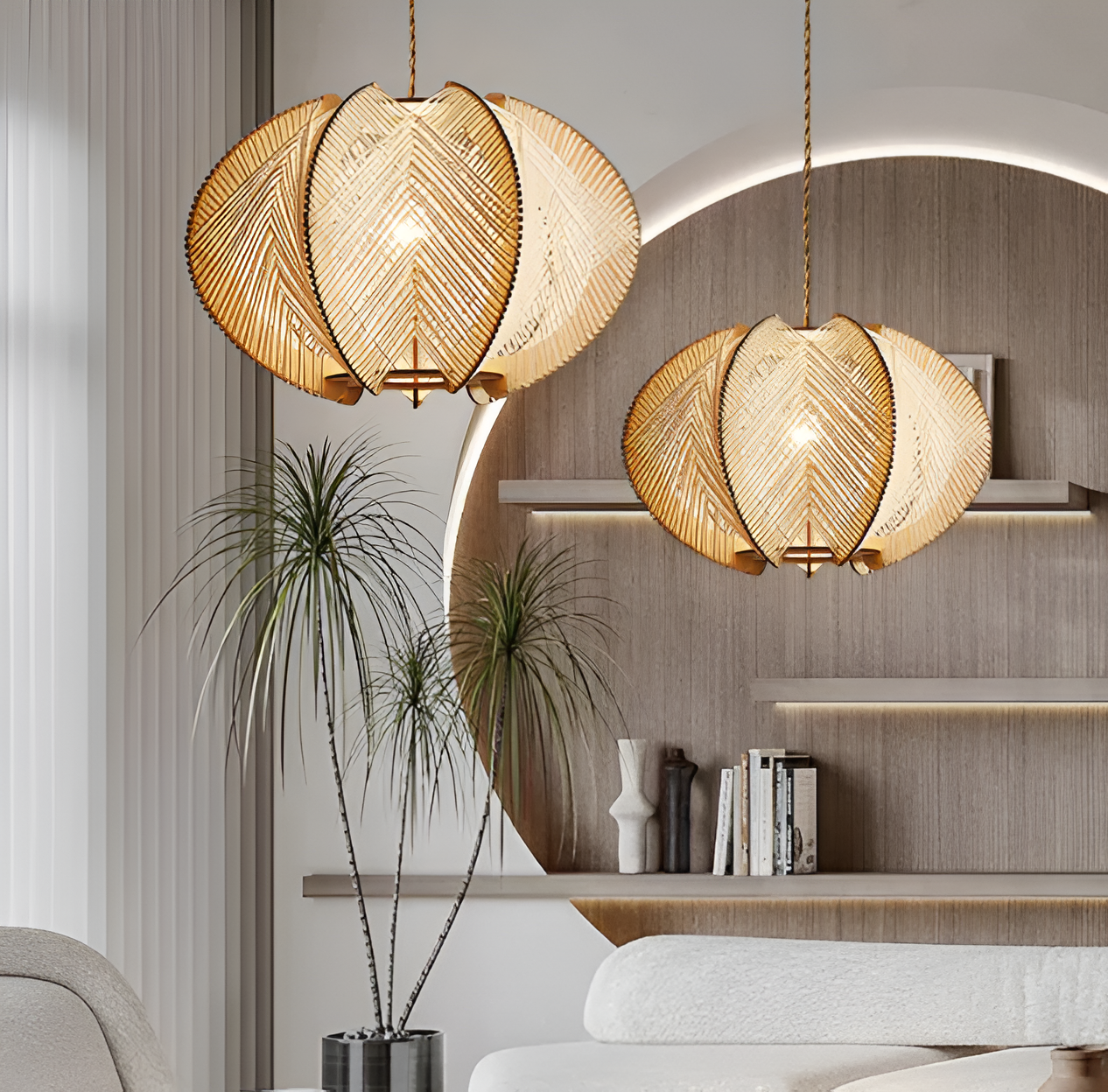 Kirei pendellampe - geometrisk hængelampe lavet af hampereb og træ - wabi sabi lighting
