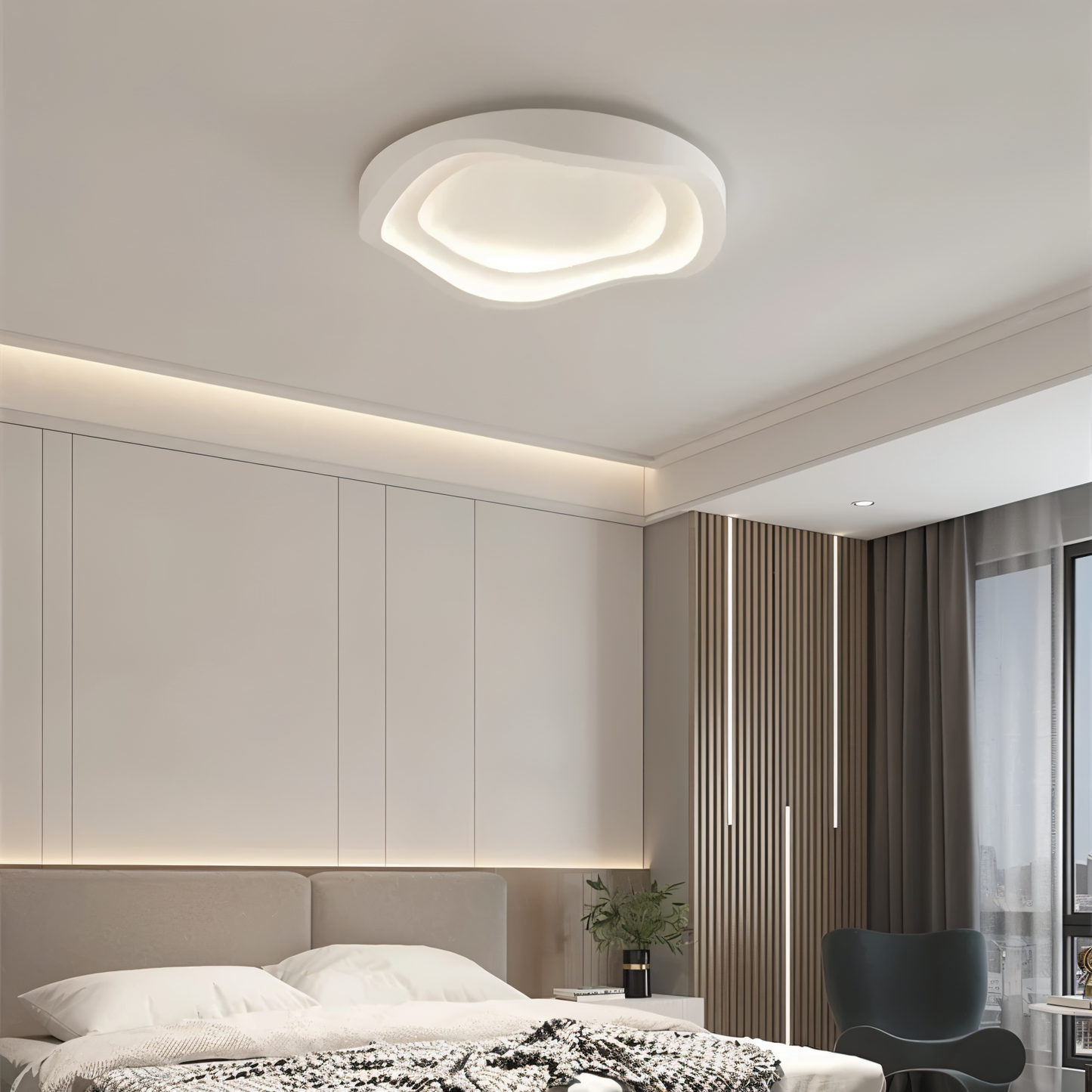 Kurvet hvid loftslampe - minimalistisk, dæmpbar, indbygget led-lampe
