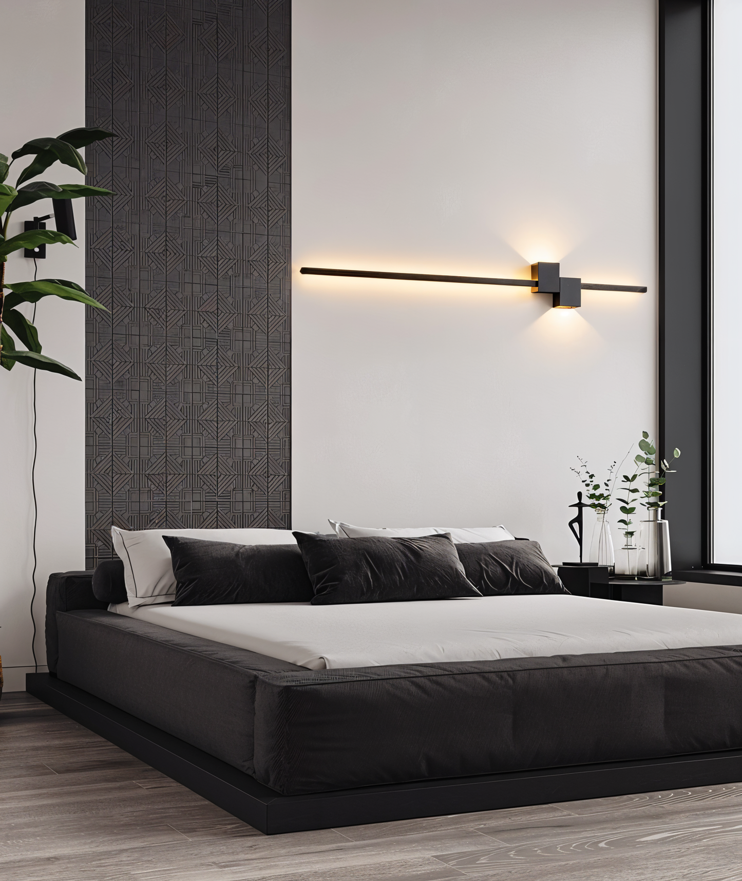The line væglampe - minimalistisk sort lang led-væglampe