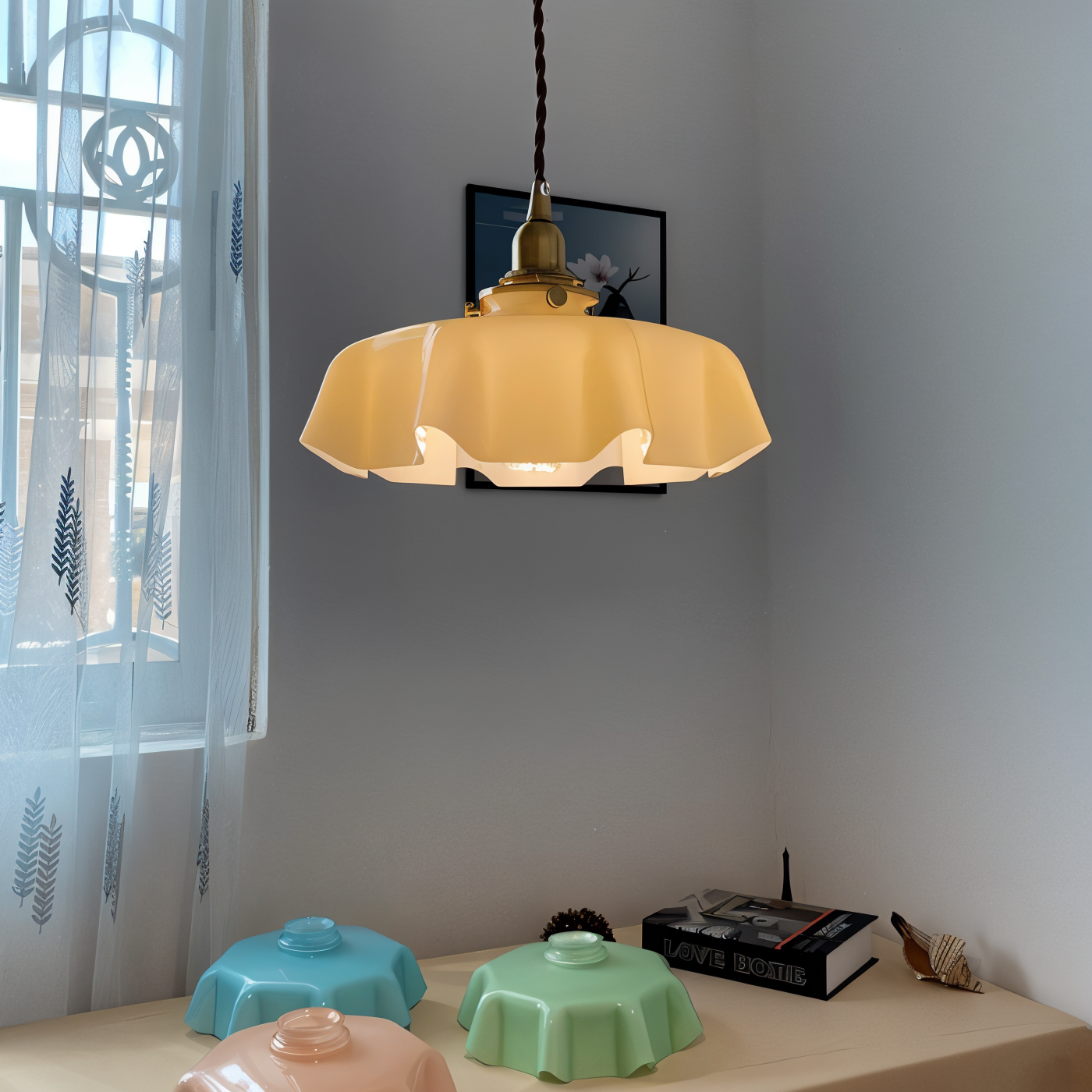 Retrotint pendellampe - blomsterformet cremefarvet glasskærm led-hængelampe
