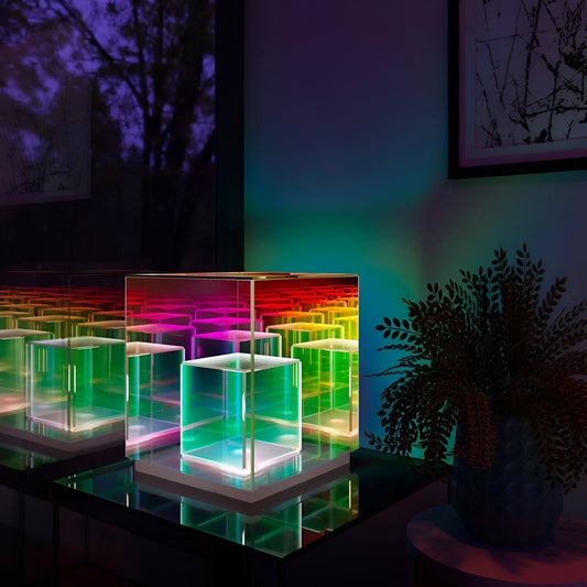 Spectra-cube bordlampe - regnbueakryl led-lampe med fascinerende 3d-illusion